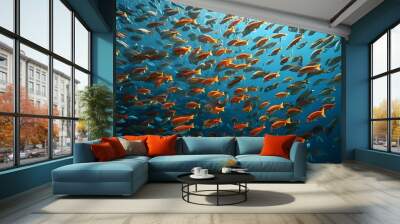 Vibrant underwater spectacle of a synchronized school of fish embodying the beauty of marine life Wall mural