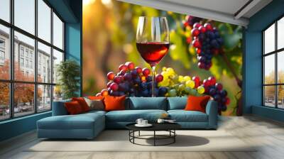 Vibrant vineyard scene featuring a wine glass and fresh grapes amid lush green vines Wall mural