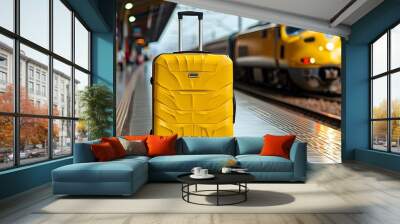 Vibrant yellow suitcase on a train platform, symbolizing travel and anticipation as a departure-bound train prepares for its journey. Wall mural