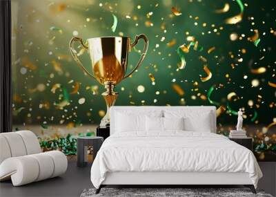 Victorious moment with gleaming trophy surrounded by vibrant green and gold confetti Wall mural