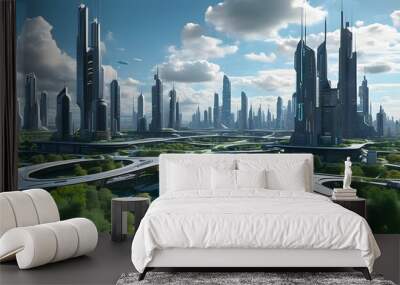 Visionary smart cityscape showcasing interconnected infrastructure in a technologically advanced urban environment with futuristic design elements. Wall mural