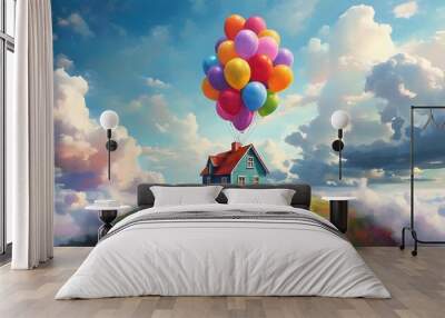 Whimsical floating balloon cluster over a quaint hilltop house beneath a playful, cloud-filled sky Wall mural