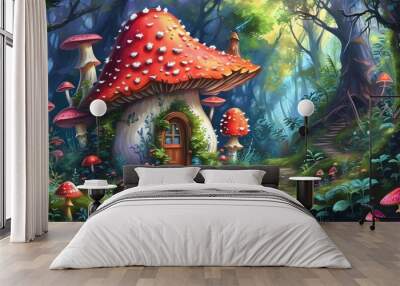 Whimsical mushroom houses nestled in an enchanted forest surrounded by vibrant and lush flora in a captivating fantasy art illustration Wall mural