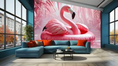 Whimsical pink flamingo lounging on a vibrant inflatable ring in a playful summer scene Wall mural