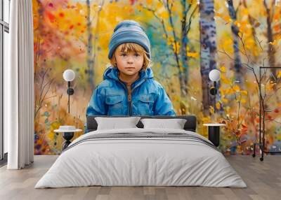 Whimsical watercolor portrait of a child in blue jacket and beanie exploring a vibrant autumn forest, celebrating the magic of fall and childhood adventures in nature. Wall mural