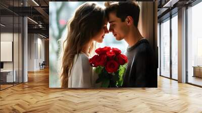 Young couple in love at window embracing red roses on Valentines Day Wall mural