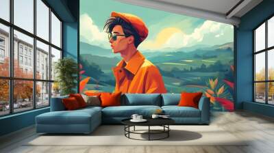 Young people stand in the beautiful natural scenery, wearing bright jackets and berets, behind the gorgeous sunrise and lush scenery. Wall mural