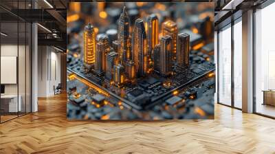 3D-Printed Circuit Board Cityscape Featuring Skyscrapers and Intricate Designs, Blending Technology and Urban Architecture, Ideal for Illustrating Innovation in Modern City Planning and Sustainable De Wall mural