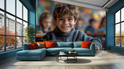 A Young Boy in His Wheelchair Smiles While Reading an English Book
 Wall mural