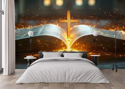 “A Cross-Shaped Wooden Sword Lies on an Open Bible, Symbolizing Faith and Spirituality, with a Soft Light Highlighting the Details, Ideal for Religious Themes, Inspirational Messages, and Spiritual Ar Wall mural