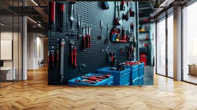 A black punching tool board with various tools hanging on it, located inside the car repair shop. Blue toolboxes, dark gray plastic containers, and some colorful small objects can all be seen. Wall mural