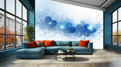 Abstract technology background with interconnected hexagon pattern and dots, minimalist design in white with blue text space for banners and presentations, modern digital connection concept Wall mural