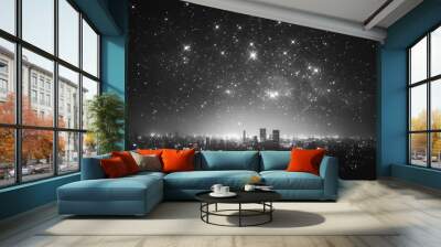 Black and white half tone starry sky, adorned with city lights, presenting snake like patterns and faulty artistic elements. Dazzling effect, black background, with a nostalgic 90s atmosphere. Wall mural