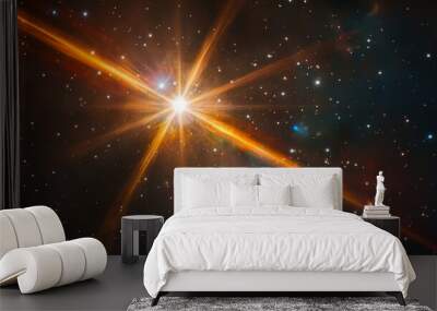 Distant star partially eclipsed by a celestial object with diagonal glare and subtle lens flare, set against a gradient background, creating a dramatic cosmic scene of light and shadow interplay. Wall mural