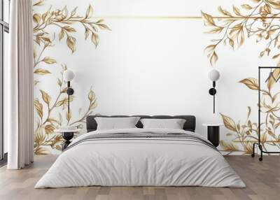 Elegant Gold Decorative Box with White Background Featuring Delicate Botanical Foliage and Fine Lines, Symmetrical Composition, and Intricate Border Design in High Definition Wall mural