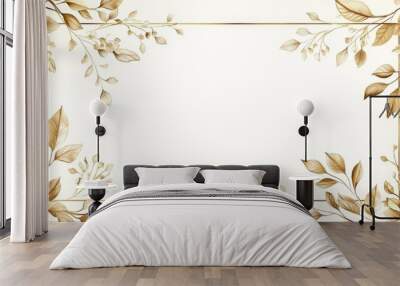 Elegant Gold Decorative Box with White Background Featuring Delicate Botanical Foliage and Fine Lines, Symmetrical Composition, and Intricate Border Design in High Definition Wall mural