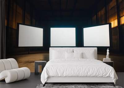 Front view of three vertical video screens with bright white displays in a dark room, creating a minimalist, high-contrast installation for a contemporary art setting. Wall mural