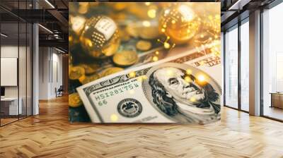 Golden lottery ticket with sparkling numbers, surrounded by coins and dollar bills, symbolizing a life-changing jackpot win and the excitement of potential wealth. Wall mural