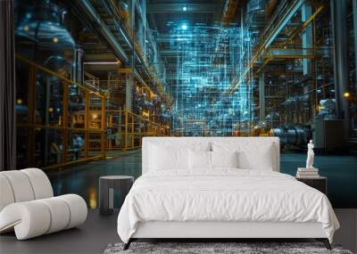 Holographic projection of industrial products in modern factories highlights advanced manufacturing technology, digital innovation, and high-tech industrial processes, integrating futuristic elements Wall mural