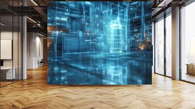 Holographic projection of industrial products in modern factories highlights advanced manufacturing technology, digital innovation, and high-tech industrial processes, integrating futuristic elements Wall mural