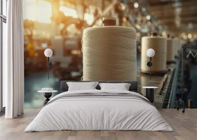 Light brown spool with clear texture, exposed to sunlight on the surface of the spool. The presence of robotic arms in the background adds an atmosphere of modern industrial equipment. Wall mural