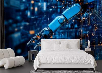 Robot graphic design, overlooking intelligent manufacturing, using a three color color scheme to showcase advanced industrial automation and technological concepts. Wall mural