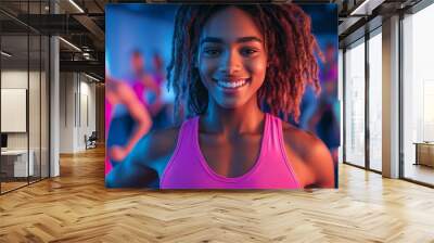 Smiling male and female students wearing sportswear participate in energetic Zumba classes at the gym, showcasing a surreal portrayal of positive lifestyles, fitness, and fun. Wall mural