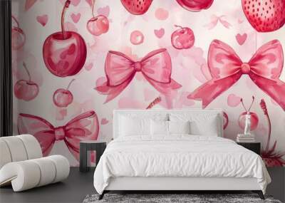 This illustration showcases the fantastic and charming arrangement of pink bows, cherries, and strawberries, using a soft watercolor style to display gentle tones and evoke a playful feeling. Wall mural