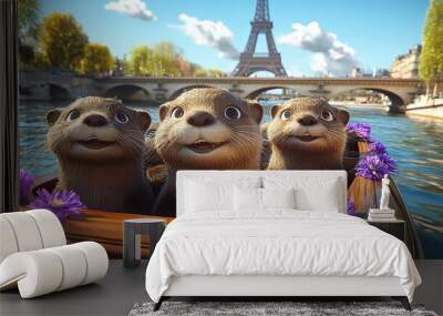 3 happy otters in the front of a boat, Paris background with the Eiffel tower and a bridge Wall mural