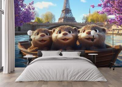 3 happy otters in the front of a boat, Paris background with the Eiffel tower and a bridge Wall mural