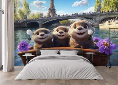 3 happy otters in the front of a boat, Paris background with the Eiffel tower and a bridge Wall mural