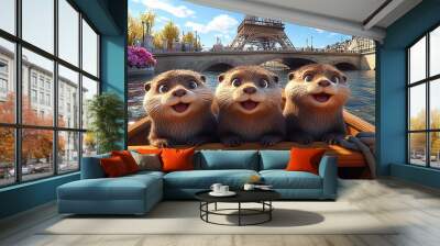 3 happy otters in the front of a boat, Paris background with the Eiffel tower and a bridge Wall mural