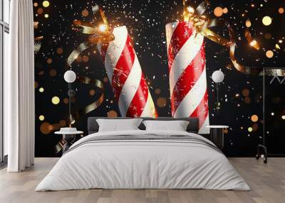 3D illustration of two striped red and white lit firecrackers with golden ribbons flying in the air Wall mural