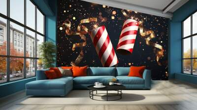 3D illustration of two striped red and white lit firecrackers with golden ribbons flying in the air Wall mural