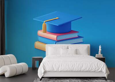 3D isometric icon: a blue graduation cap on top of two books, Wall mural