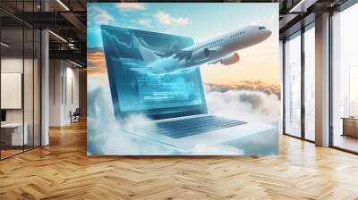 3D rendering of an airplane flying over a laptop with a digital data and cloud technology background concept Wall mural