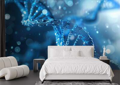 3d rendering of blue and orange DNA on dark background with bokeh effect Wall mural