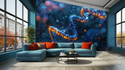 3d rendering of blue and orange DNA on dark background with bokeh effect Wall mural