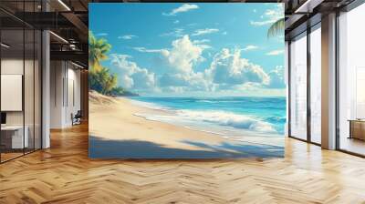 A beautiful beach with palm trees and a blue sky, Wall mural