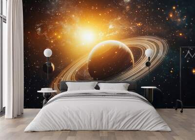 A beautiful planet surrounded by rings, with the sun shining on it and other planets in space Wall mural