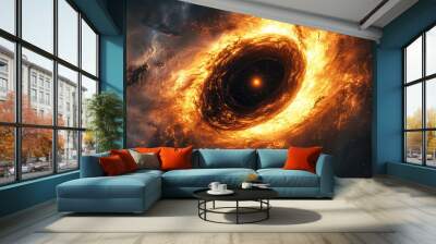 A black hole at the center of space, swirling cosmic dust and gas around it, vibrant orange and yellow colors, dramatic lighting Wall mural