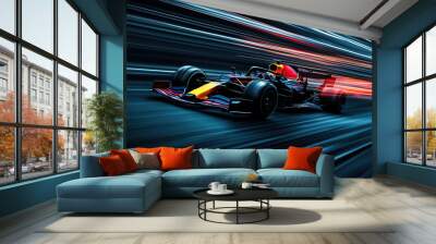 A blue Formula One car in motion on the track, with a motion blur background Wall mural