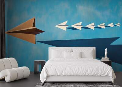 A brown paper airplane leading the way with white origami planes following on blue background, oil painting, minimalis Wall mural