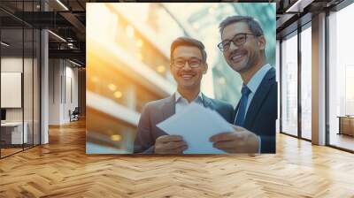 A businessman was holding a file and talking to his client in his office Wall mural