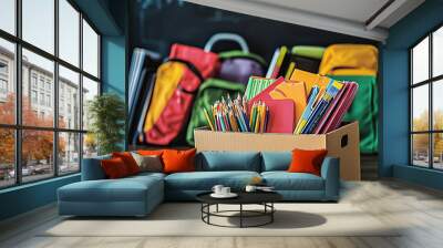 A cardboard box filled with school supplies, such as pencils and crayons, is placed on the desk in front of an empty chalkboard background Wall mural