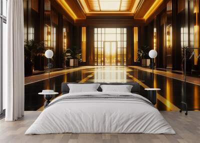 A cinematic still of an art deco hotel lobby, with high ceilings and a dark and gold interior Wall mural