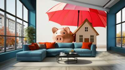 A close-up of a piggy bank playhouse and a red umbrella, the house is isolated against a white background Wall mural