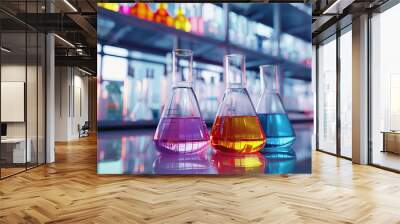 A closeup of beakers and flasks filled with colorful liquid in an advanced laboratory setting Wall mural