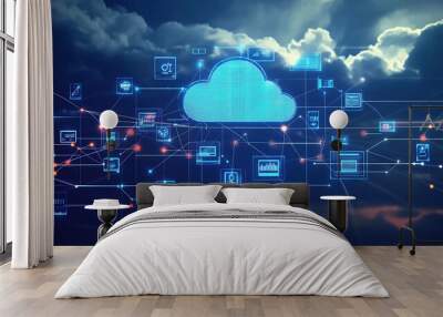 A cloud with various digital icons floating above it Wall mural