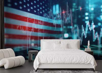 A digital art background featuring an American flag, dollar bills and stock market charts Wall mural